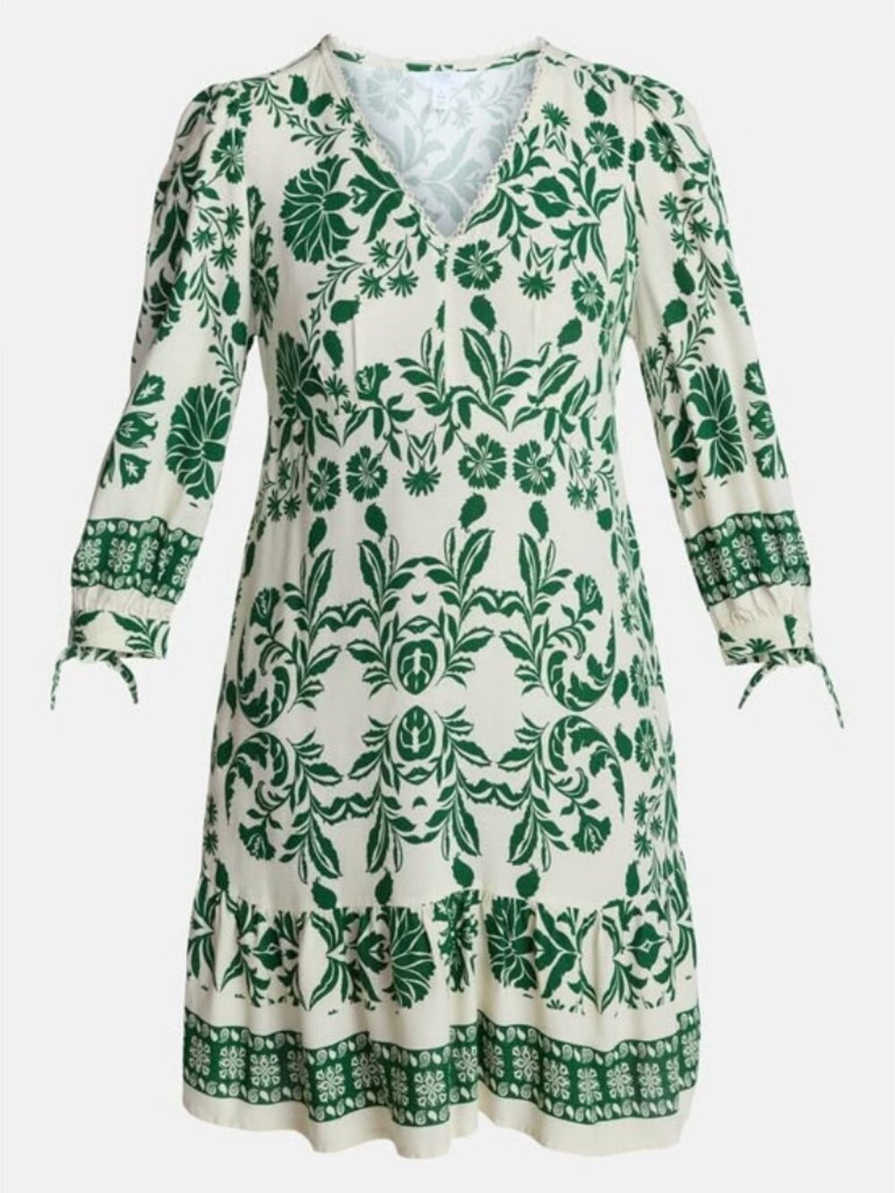 Linen Blend, Excellent Condition, SZ L (1, Tile Print Mini Dress, Green on Ivory